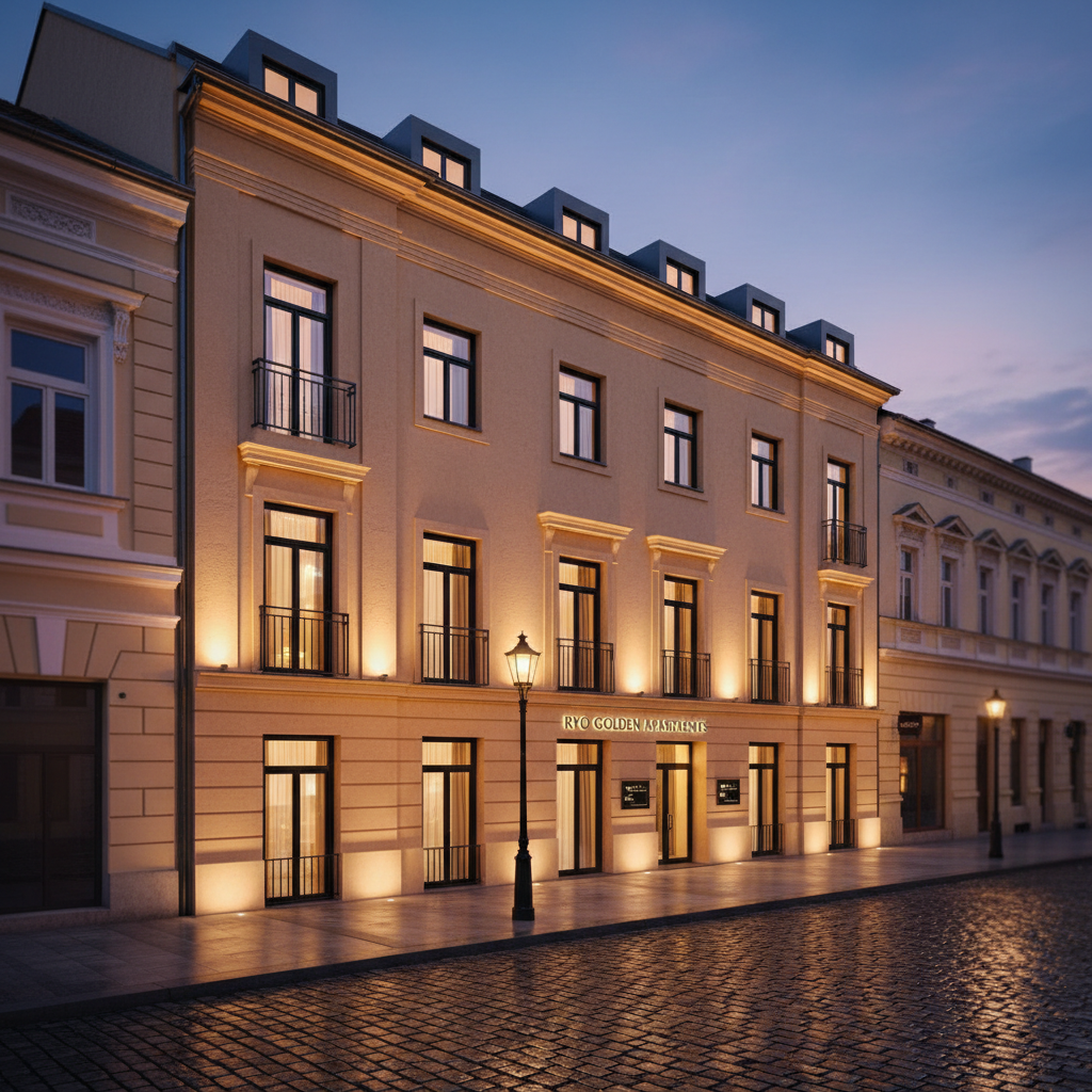 An atmospheric twilight exterior view of the Ryo Golden Apartments building in the heart of Kruševac, showcasing a restored historic façade in soft sand-colored plaster with subtle architectural detailing, paired with contemporary black-framed windows and slender Juliet balconies. Warm interior lights glow through the glass, hinting at refined interiors, while discreet LED strips wash the façade from below, emphasizing textures and cornices. The cobblestone street in the foreground glistens faintly, suggesting a recent light rain, reflecting the golden light. Shot from a slightly low, street-level angle with a wide lens, neighboring historic buildings are softly blurred to frame the property as the focal point. The mood is sophisticated, welcoming, and urban, rendered in photographic realism with a cinematic, boutique-hotel aesthetic.
